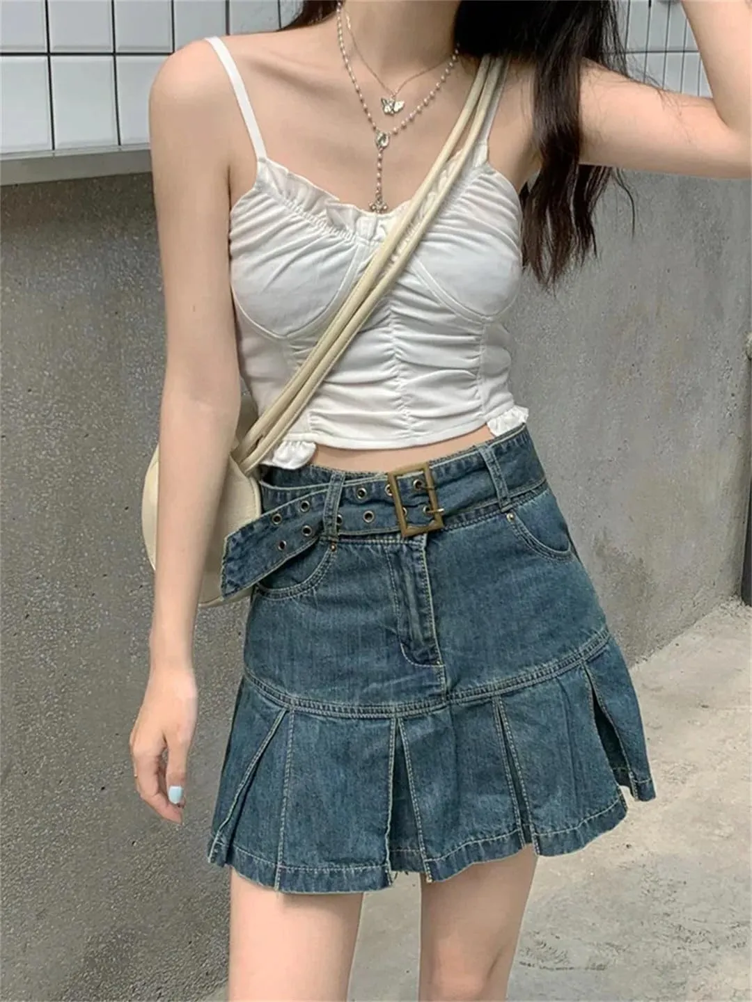 Women's Denim Skirt High Waist Mini Skirt Pleated Korean Retro Skirt