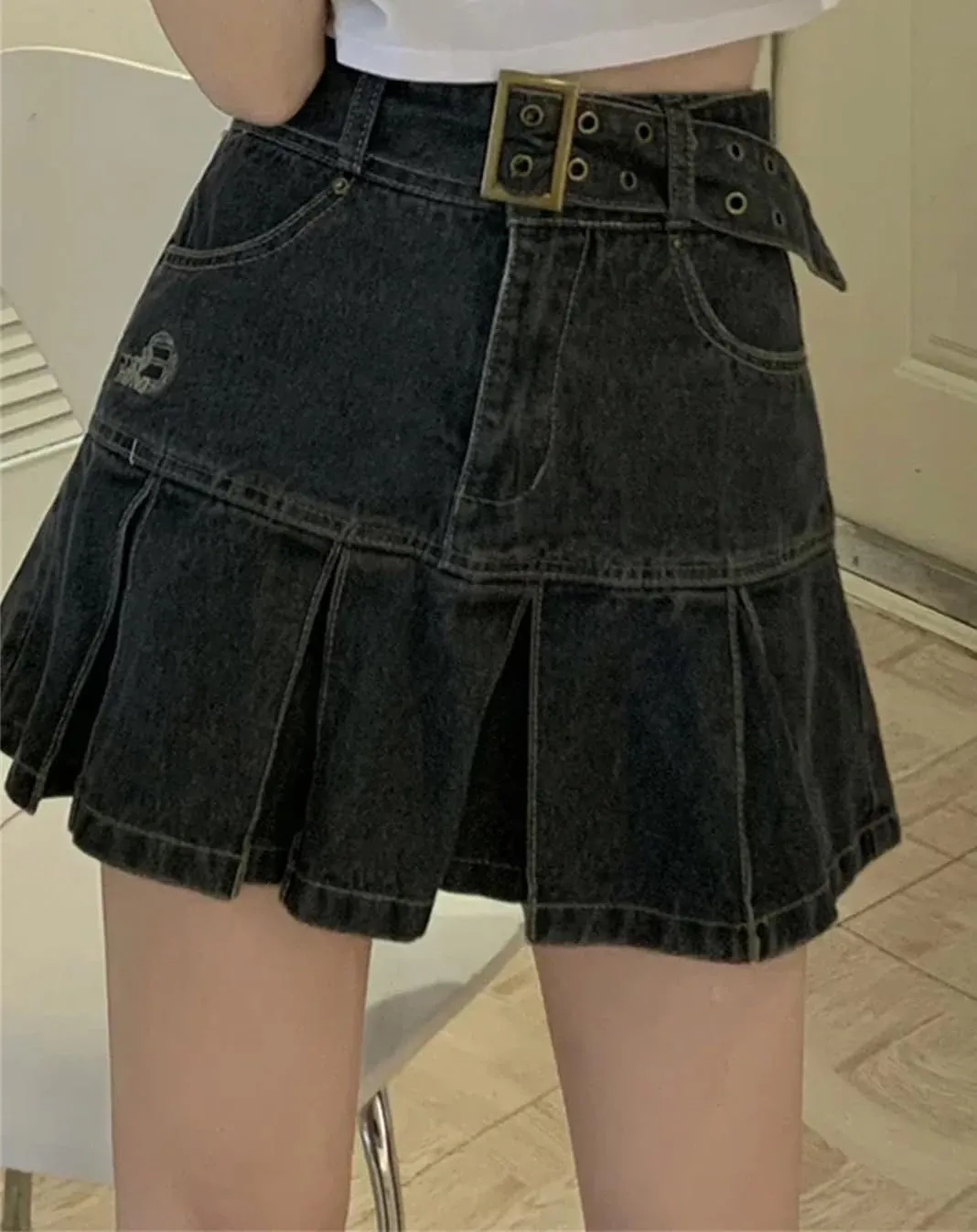 Women's Denim Skirt High Waist Mini Skirt Pleated Korean Retro Skirt