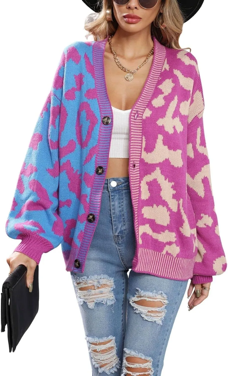 Women's Fall Color Block Leopard Print Cardigan Sweater Button Down Ribbed Knit Coatigan Coat