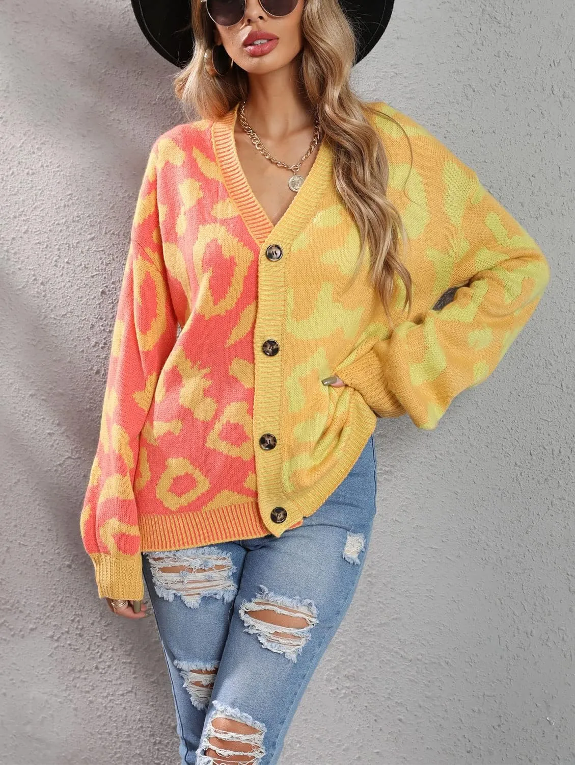 Women's Fall Color Block Leopard Print Cardigan Sweater Button Down Ribbed Knit Coatigan Coat