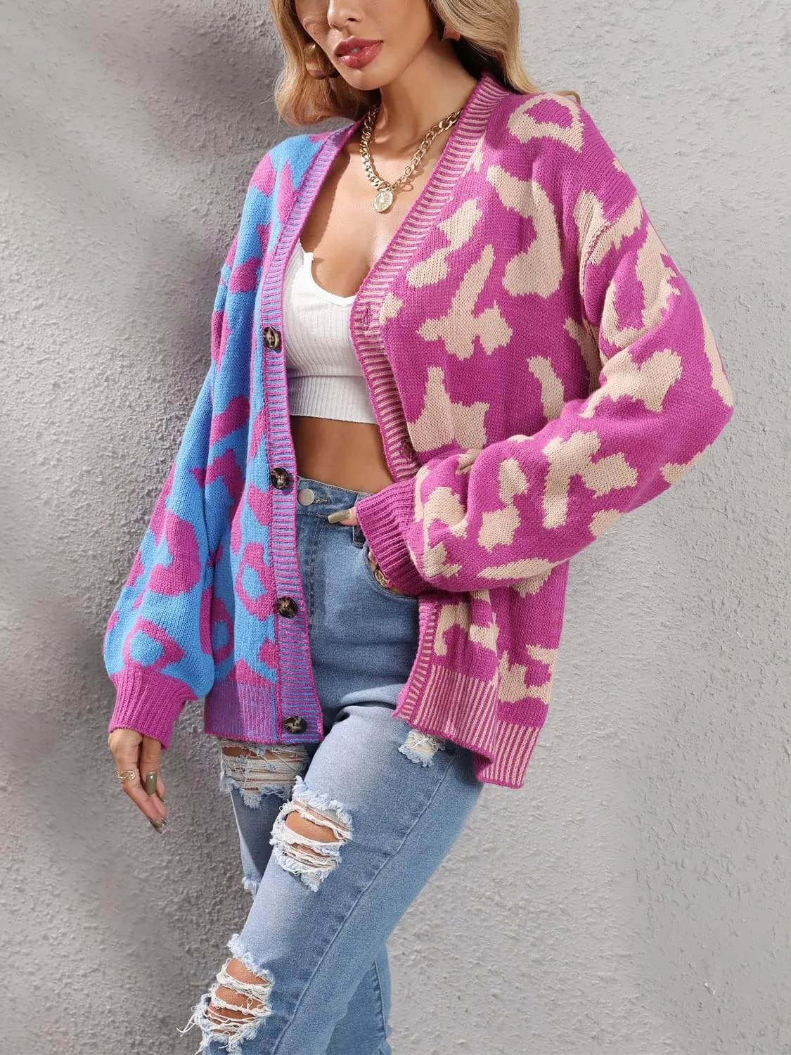Women's Fall Color Block Leopard Print Cardigan Sweater Button Down Ribbed Knit Coatigan Coat
