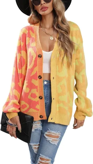 Women's Fall Color Block Leopard Print Cardigan Sweater Button Down Ribbed Knit Coatigan Coat