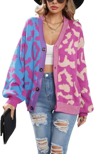 Women's Fall Color Block Leopard Print Cardigan Sweater Button Down Ribbed Knit Coatigan Coat