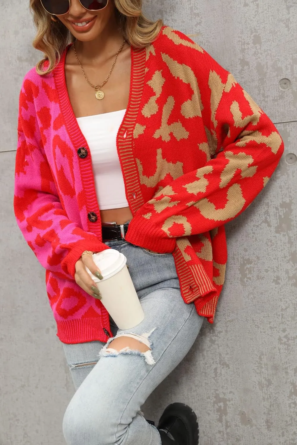 Women's Fall Color Block Leopard Print Cardigan Sweater Button Down Ribbed Knit Coatigan Coat