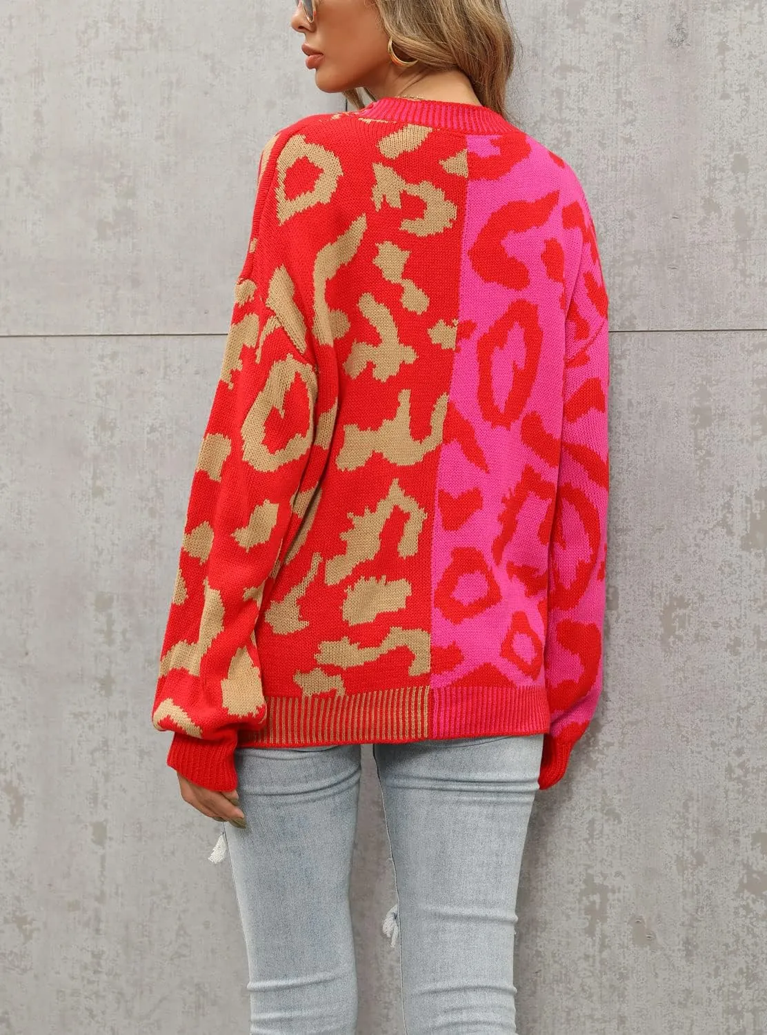 Women's Fall Color Block Leopard Print Cardigan Sweater Button Down Ribbed Knit Coatigan Coat