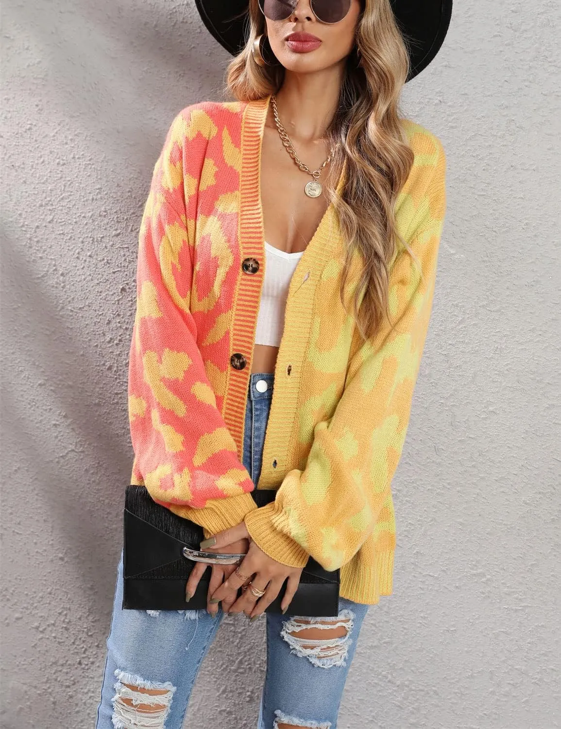 Women's Fall Color Block Leopard Print Cardigan Sweater Button Down Ribbed Knit Coatigan Coat