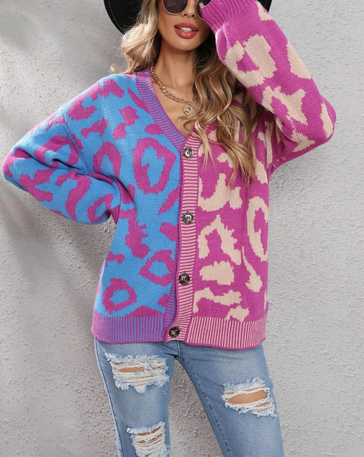 Women's Fall Color Block Leopard Print Cardigan Sweater Button Down Ribbed Knit Coatigan Coat