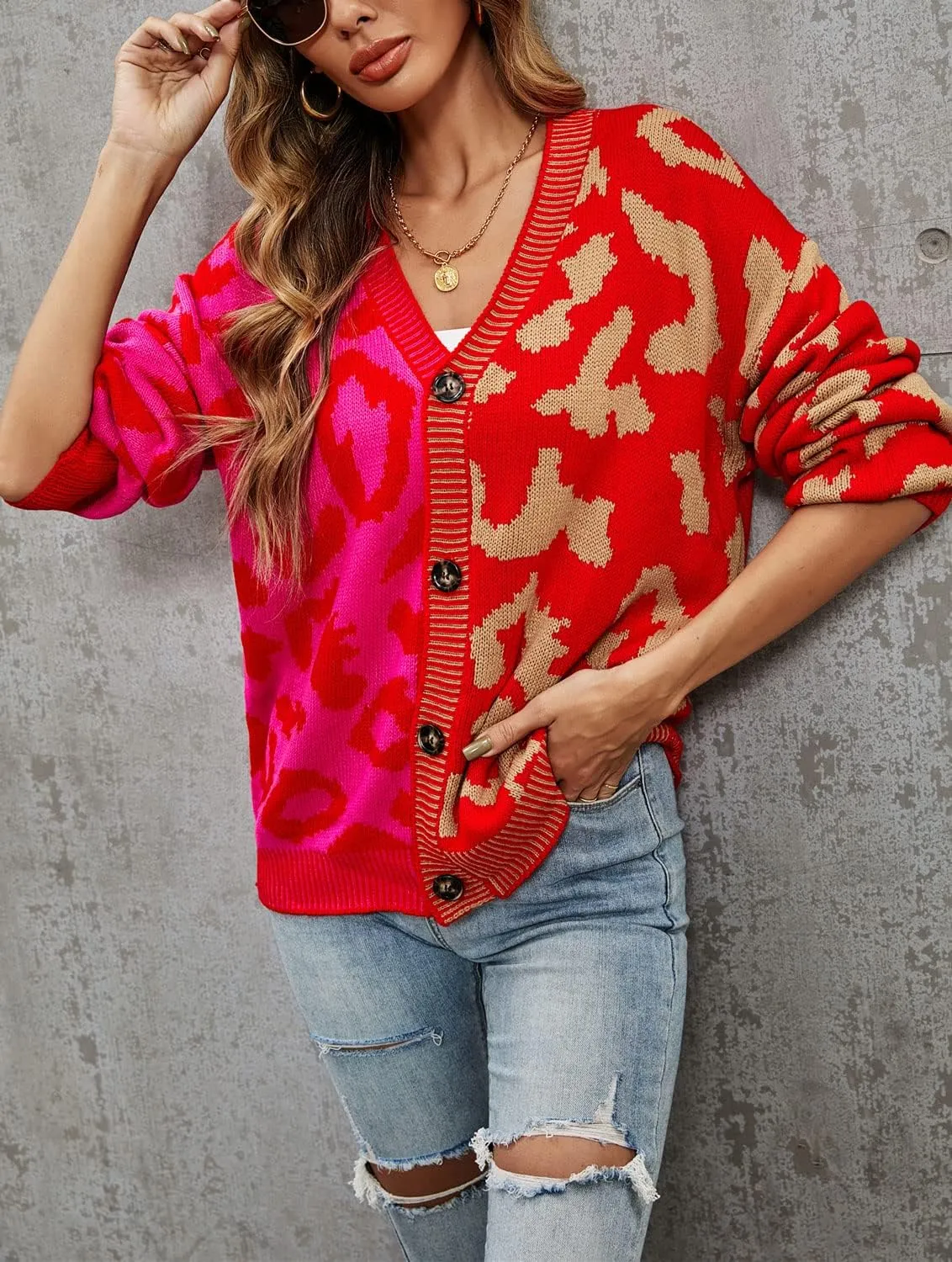 Women's Fall Color Block Leopard Print Cardigan Sweater Button Down Ribbed Knit Coatigan Coat