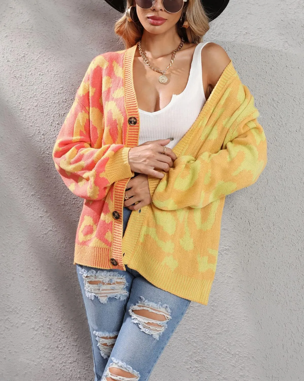 Women's Fall Color Block Leopard Print Cardigan Sweater Button Down Ribbed Knit Coatigan Coat
