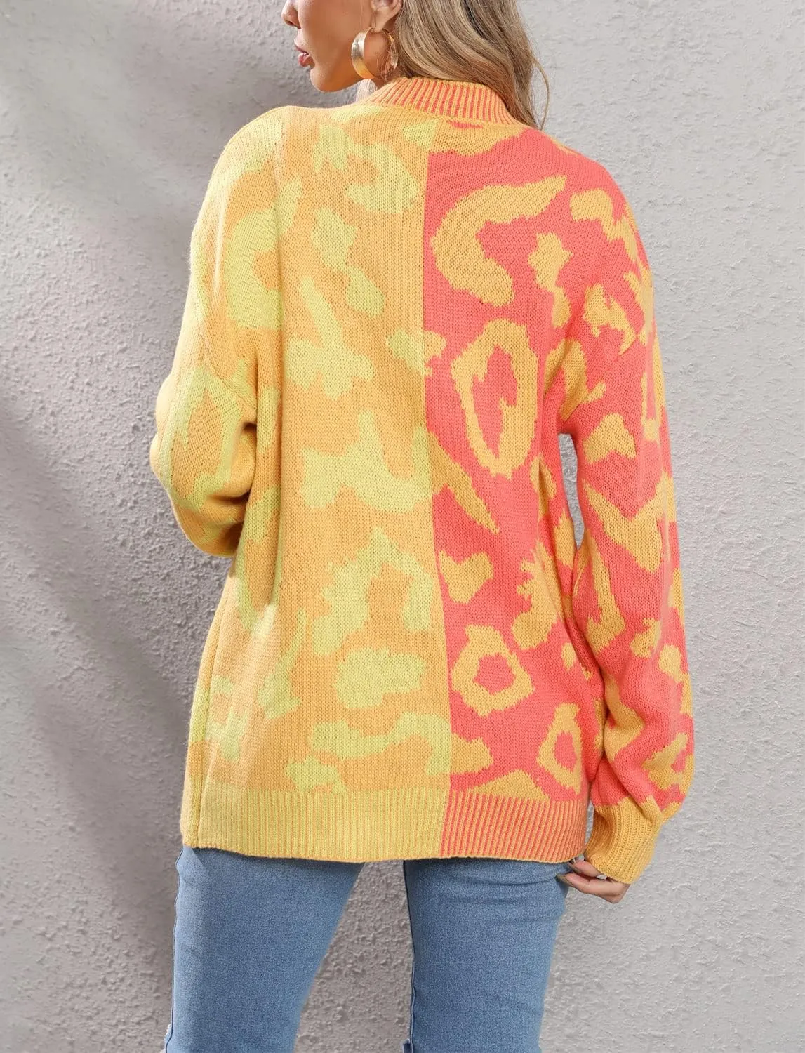 Women's Fall Color Block Leopard Print Cardigan Sweater Button Down Ribbed Knit Coatigan Coat
