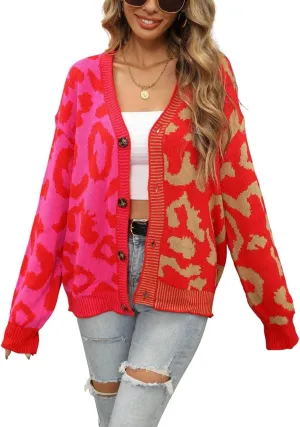 Women's Fall Color Block Leopard Print Cardigan Sweater Button Down Ribbed Knit Coatigan Coat