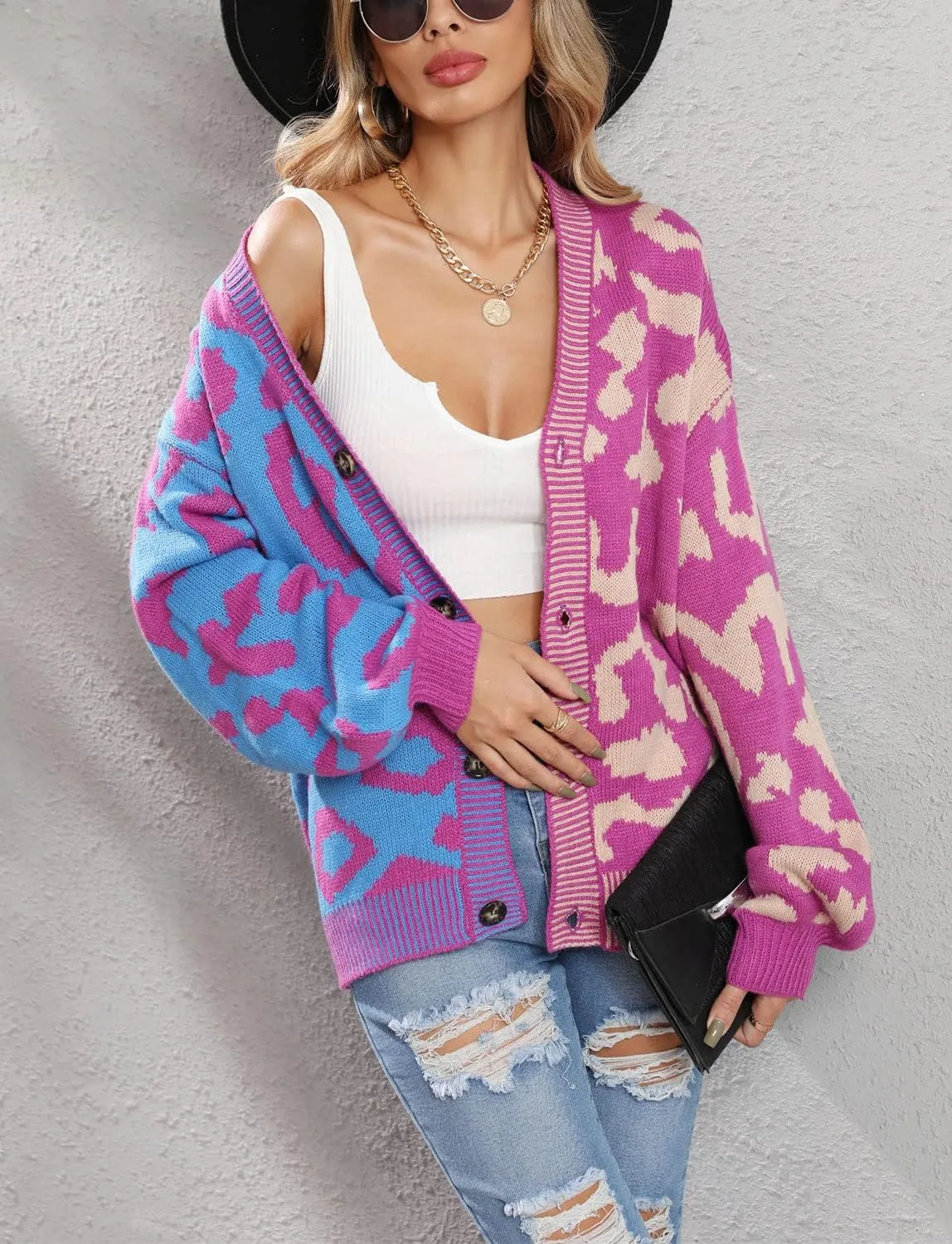 Women's Fall Color Block Leopard Print Cardigan Sweater Button Down Ribbed Knit Coatigan Coat