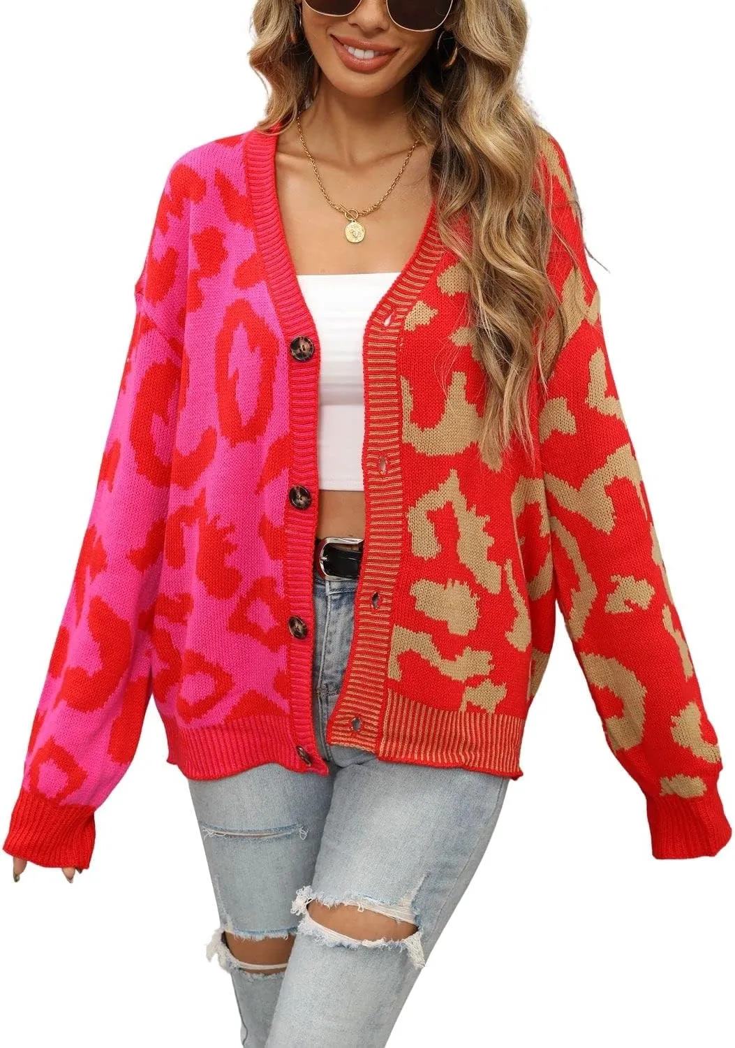 Women's Fall Color Block Leopard Print Cardigan Sweater Button Down Ribbed Knit Coatigan Coat