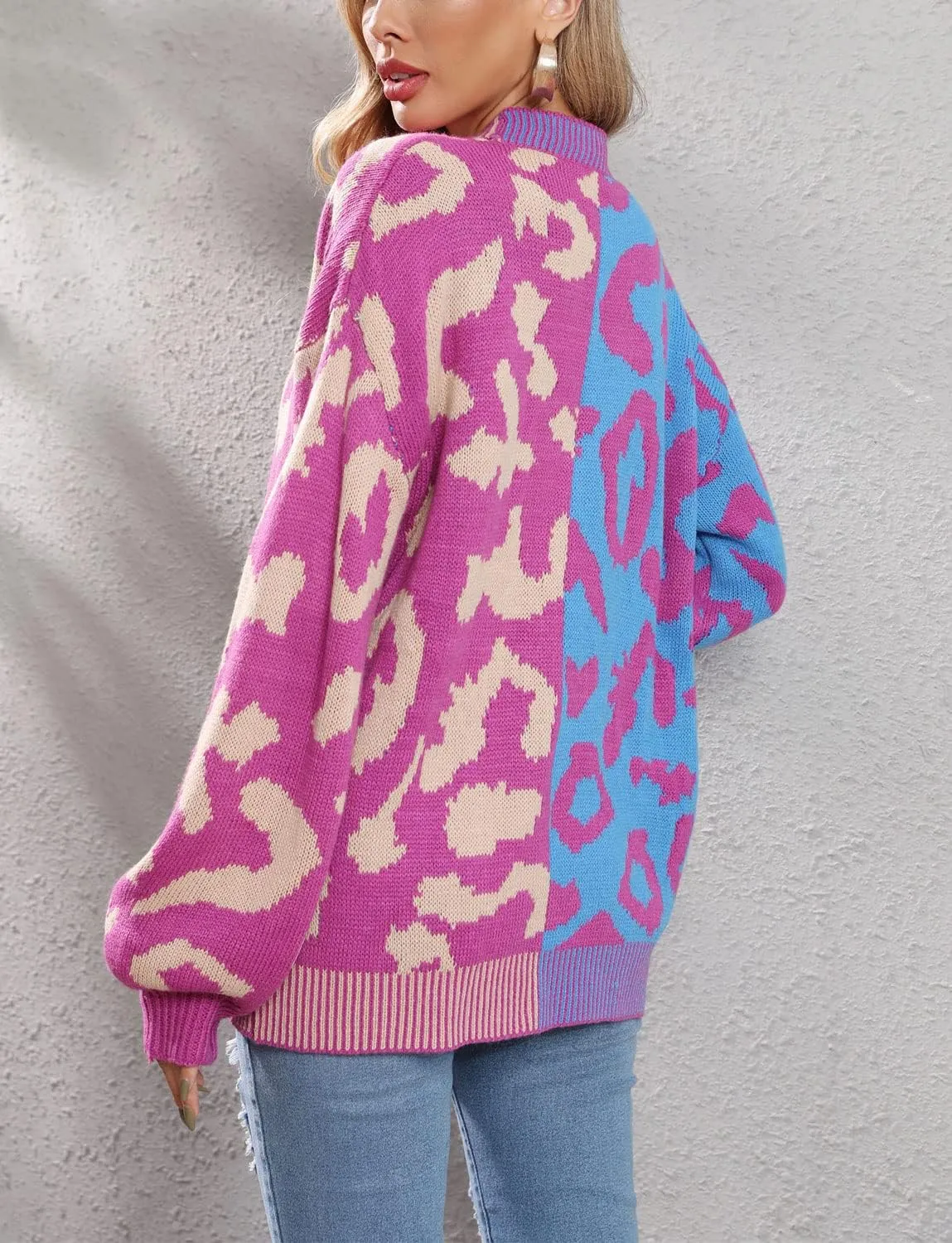 Women's Fall Color Block Leopard Print Cardigan Sweater Button Down Ribbed Knit Coatigan Coat