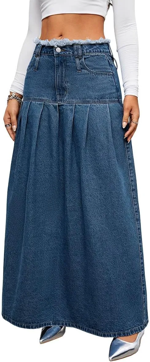 Women's Fashion Vintage High Waist Denim Midi Skirts Pleated Raw Edges Flowy Jean A-Line Skirt