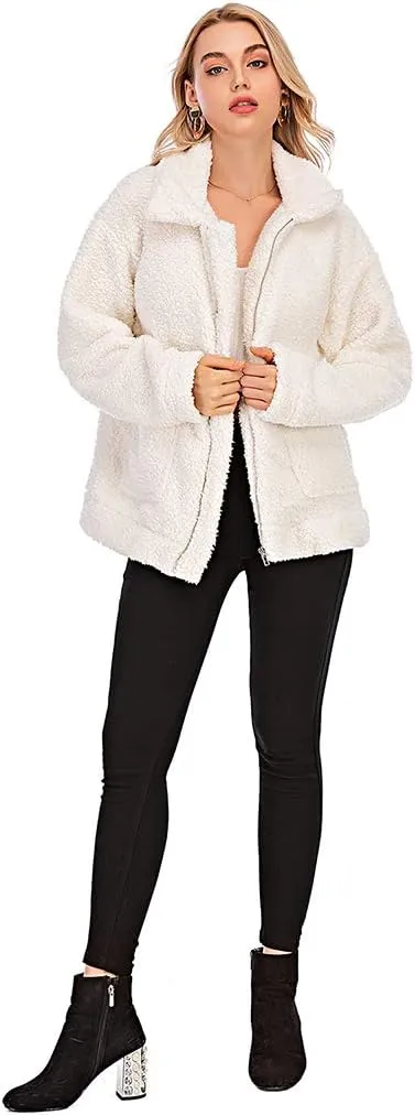 Womens Faux Shearling Jacket, Casual Lapel Fleece Fuzzy Jacket Shaggy Oversized Jacket Fashion Cardigan Coat