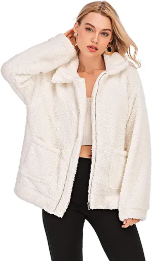 Womens Faux Shearling Jacket, Casual Lapel Fleece Fuzzy Jacket Shaggy Oversized Jacket Fashion Cardigan Coat