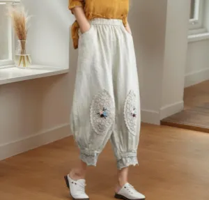 Womens Floral Embroidered Cotton Linen Harem Cropped Pants Boho Baggy Loose Wide Leg Lace Trim Trousers with Pockets