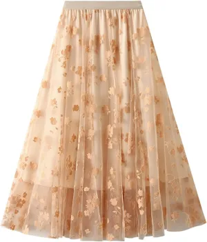 Womens Floral Tulle Fairy Midi Skirts Casual High Waisted A Line Pleated Flowy Flared Skirt