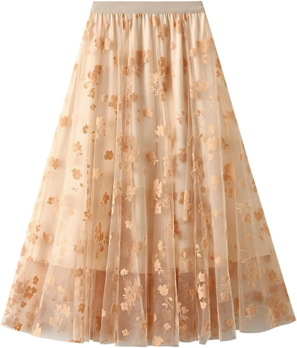 Womens Floral Tulle Fairy Midi Skirts Casual High Waisted A Line Pleated Flowy Flared Skirt