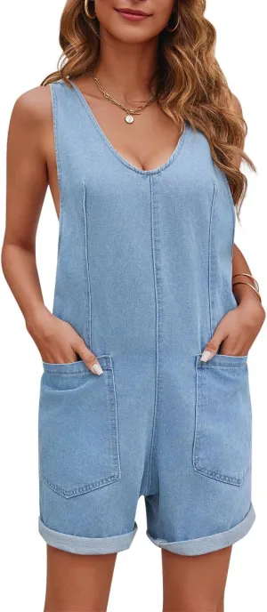Womens High Roller Shortall Denim Romper Casual Sleeveless Loose Jeans Overalls Shorts Jumpsuits with Pockets
