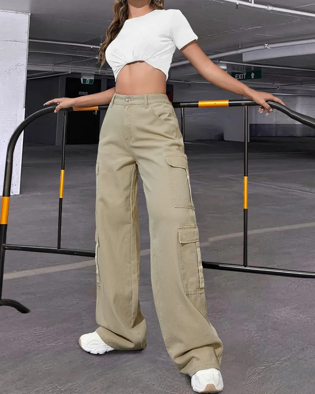 Women's High Waist Baggy Cargo Jeans Flap Pocket Y2K Streetwear Wide Leg Denim Pants