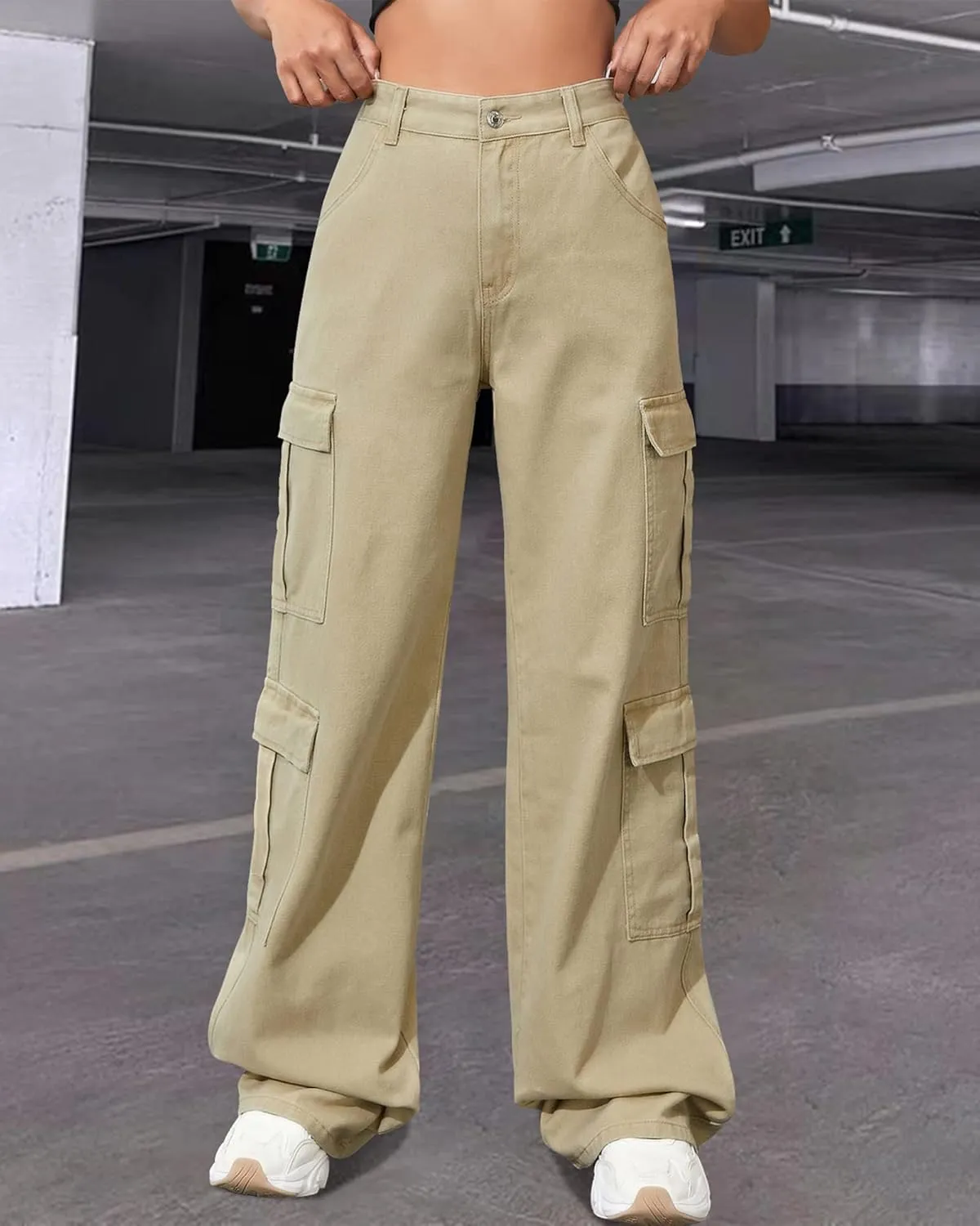 Women's High Waist Baggy Cargo Jeans Flap Pocket Y2K Streetwear Wide Leg Denim Pants