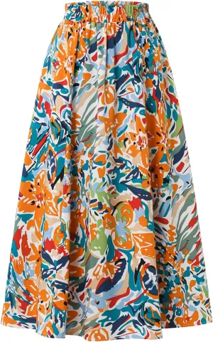 Women's High Waist Elastic Waist Skirt Printed with Pocket A-line Skirt in Spring Summer and Autumn