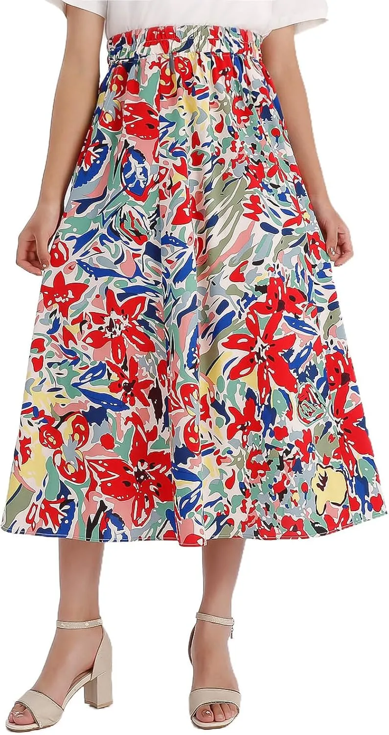Women's High Waist Elastic Waist Skirt Printed with Pocket A-line Skirt in Spring Summer and Autumn