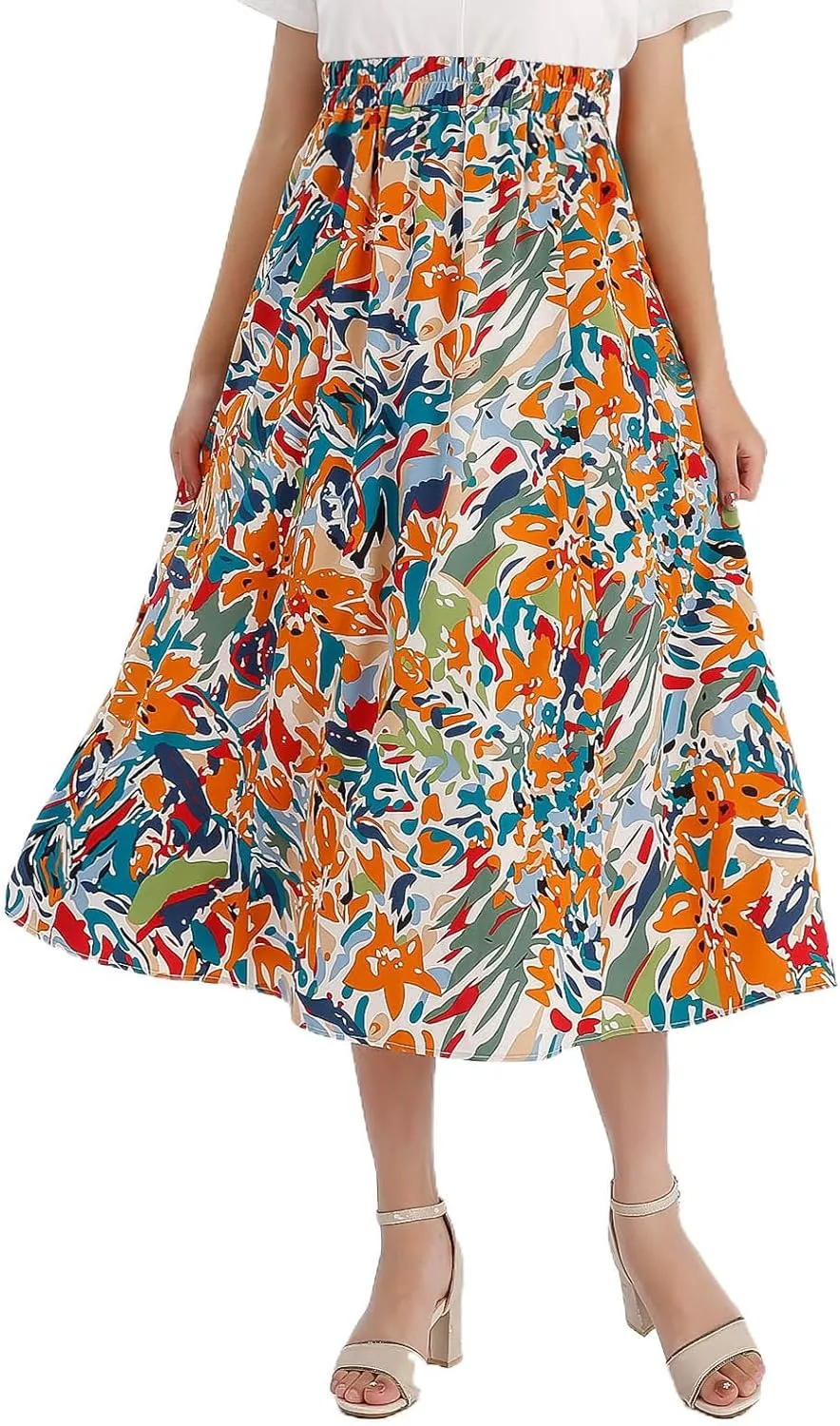 Women's High Waist Elastic Waist Skirt Printed with Pocket A-line Skirt in Spring Summer and Autumn