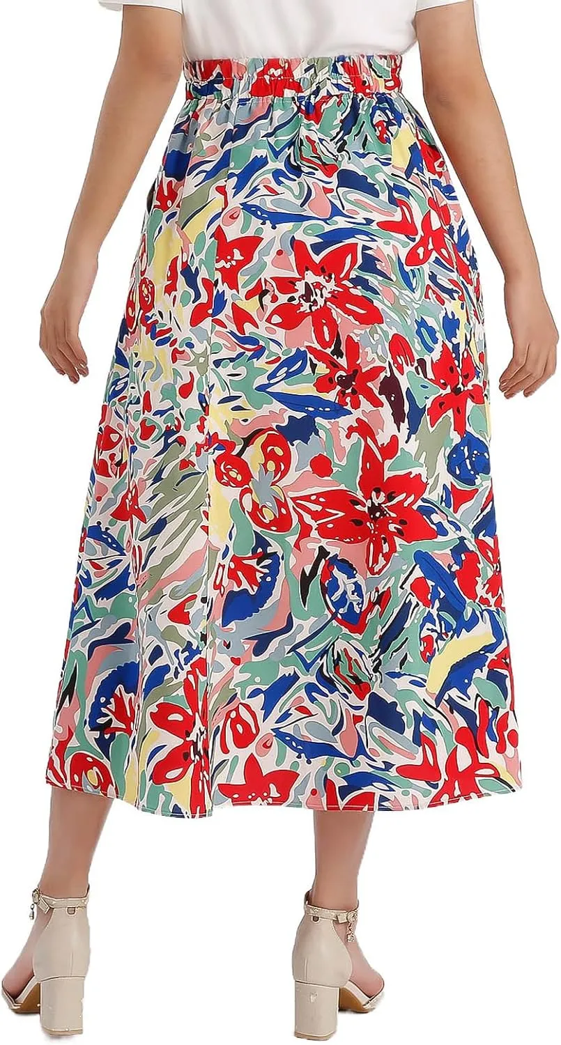 Women's High Waist Elastic Waist Skirt Printed with Pocket A-line Skirt in Spring Summer and Autumn