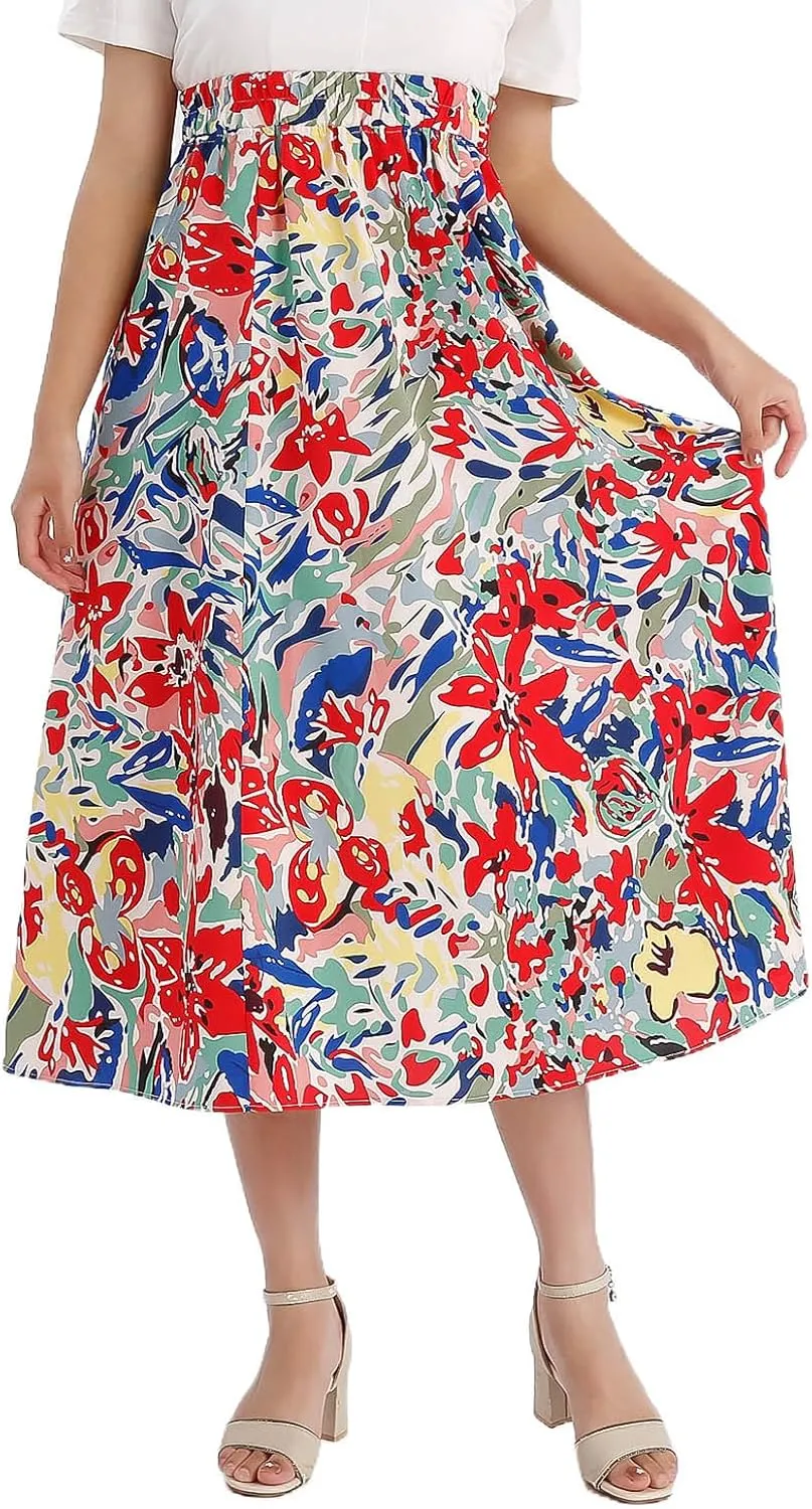 Women's High Waist Elastic Waist Skirt Printed with Pocket A-line Skirt in Spring Summer and Autumn