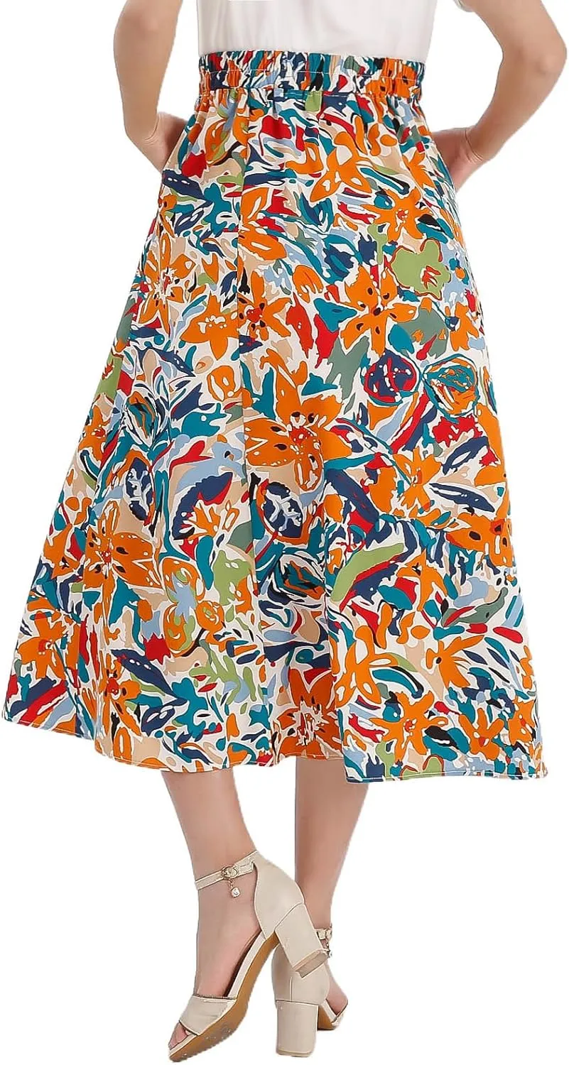 Women's High Waist Elastic Waist Skirt Printed with Pocket A-line Skirt in Spring Summer and Autumn