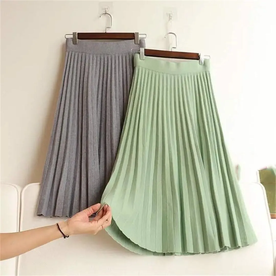 Women's High Waist Empire Knitted Knee Length A-Line Skirt Solid Woolen Pleated Design with Stretch Waistband