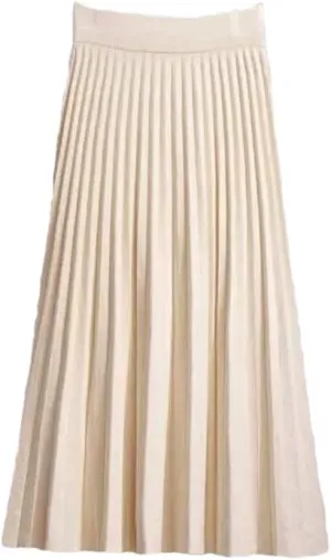 Women's High Waist Empire Knitted Knee Length A-Line Skirt Solid Woolen Pleated Design with Stretch Waistband