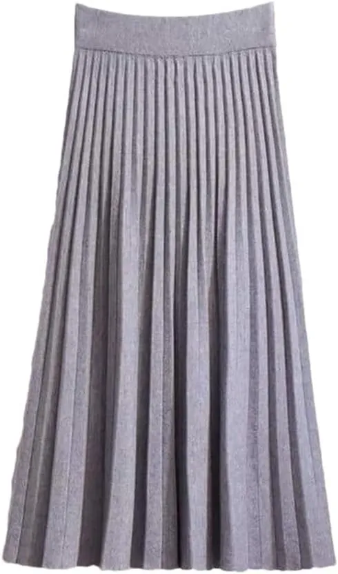 Women's High Waist Empire Knitted Knee Length A-Line Skirt Solid Woolen Pleated Design with Stretch Waistband