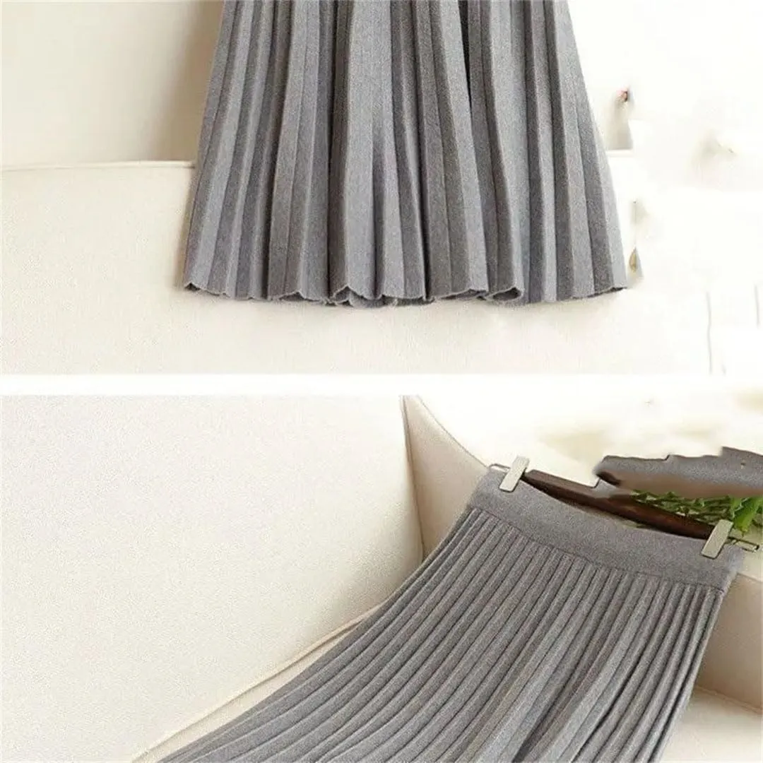 Women's High Waist Empire Knitted Knee Length A-Line Skirt Solid Woolen Pleated Design with Stretch Waistband
