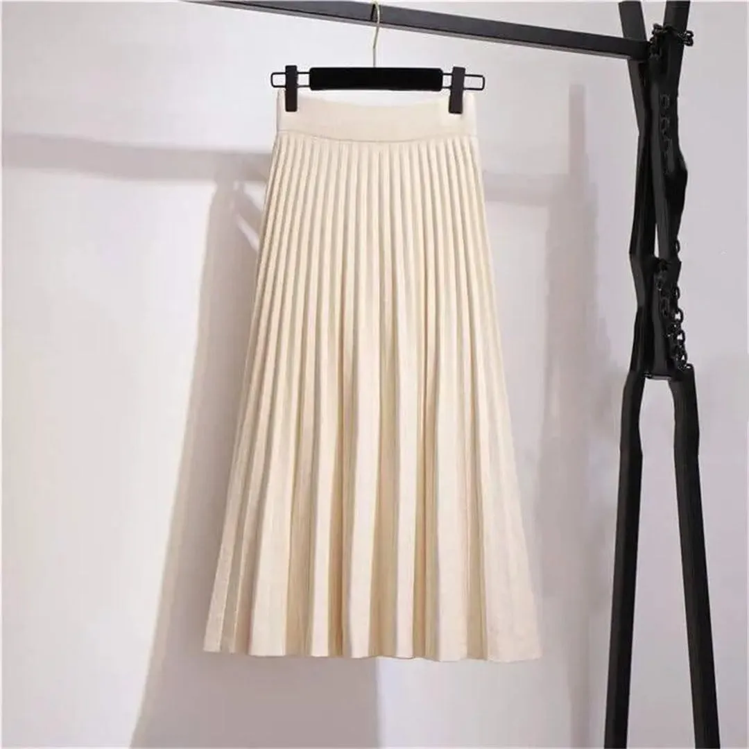 Women's High Waist Empire Knitted Knee Length A-Line Skirt Solid Woolen Pleated Design with Stretch Waistband