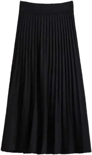 Women's High Waist Empire Knitted Knee Length A-Line Skirt Solid Woolen Pleated Design with Stretch Waistband