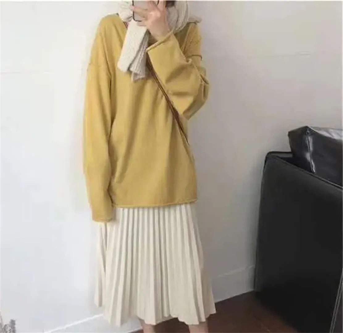 Women's High Waist Empire Knitted Knee Length A-Line Skirt Solid Woolen Pleated Design with Stretch Waistband