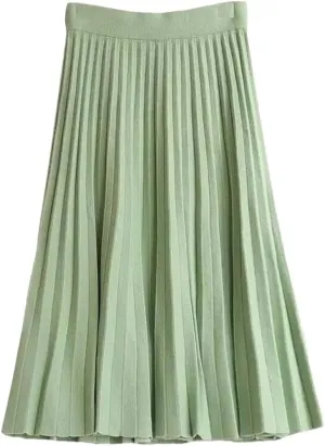 Women's High Waist Empire Knitted Knee Length A-Line Skirt Solid Woolen Pleated Design with Stretch Waistband