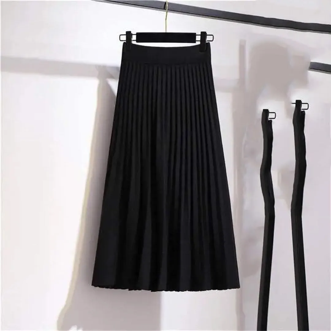 Women's High Waist Empire Knitted Knee Length A-Line Skirt Solid Woolen Pleated Design with Stretch Waistband