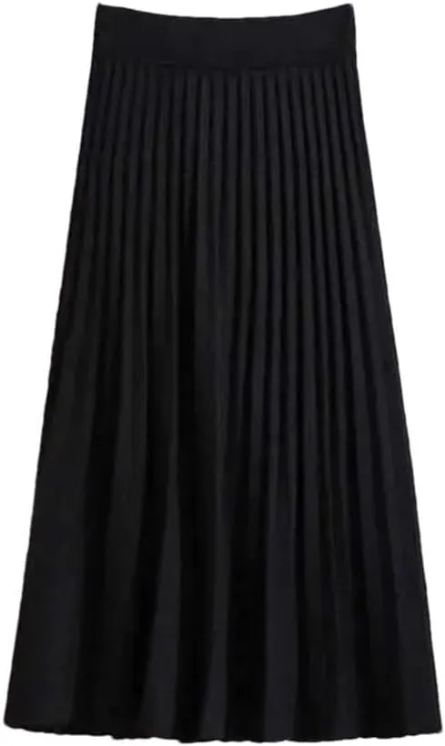 Women's High Waist Empire Knitted Knee Length A-Line Skirt Solid Woolen Pleated Design with Stretch Waistband