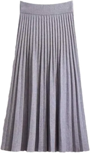 Women's High Waist Empire Knitted Knee Length A-Line Skirt Solid Woolen Pleated Design with Stretch Waistband