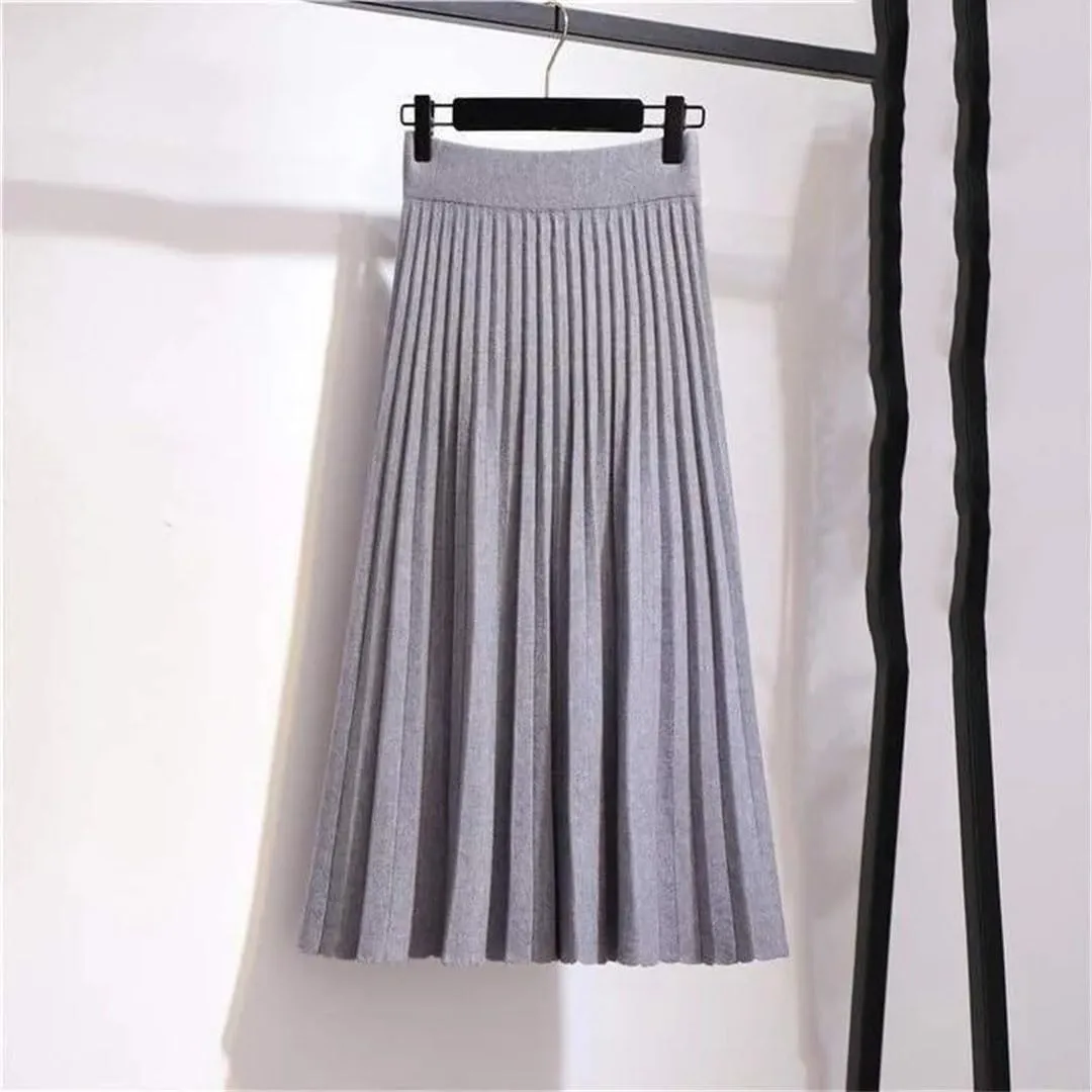 Women's High Waist Empire Knitted Knee Length A-Line Skirt Solid Woolen Pleated Design with Stretch Waistband
