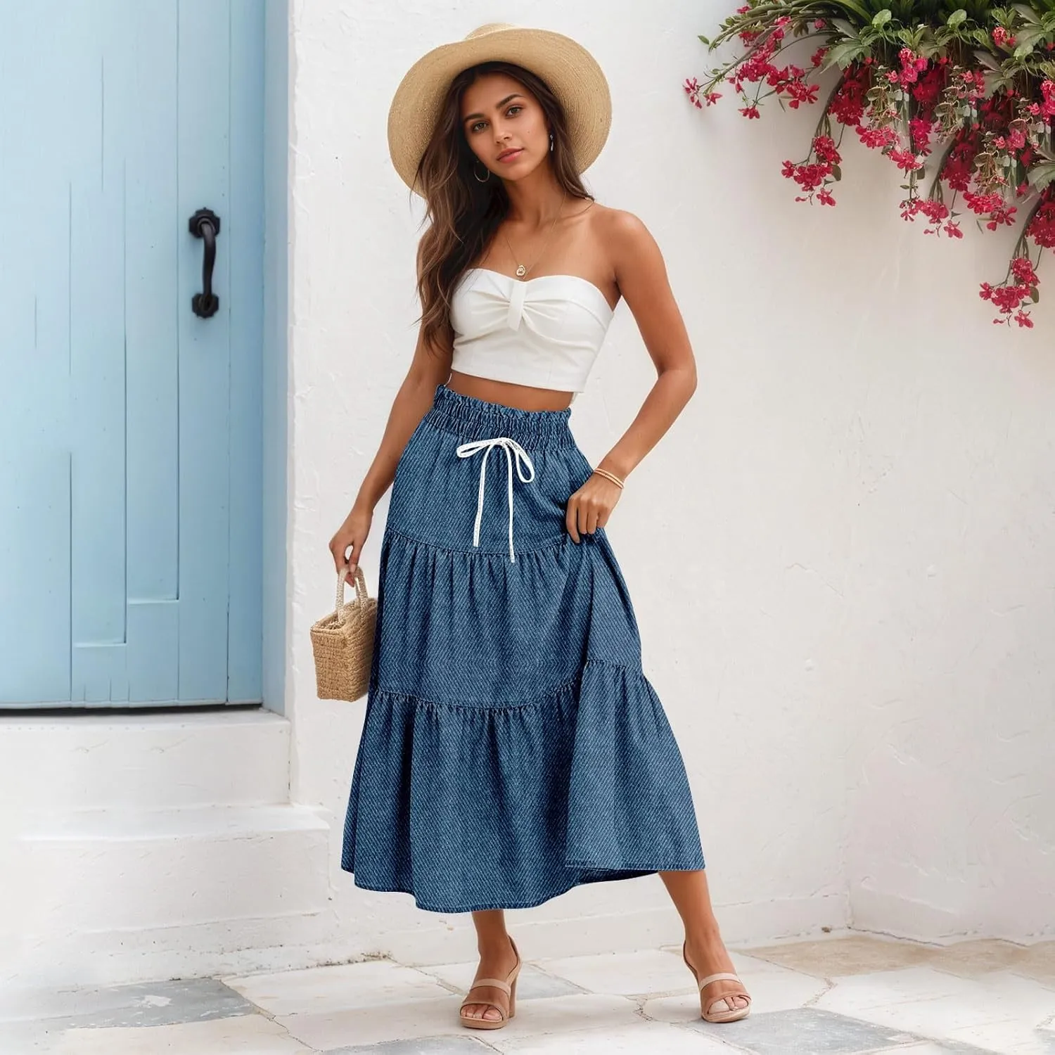 Women's High Waist Long Maxi Skirt Denim Print Flowy Boho A Line Summer Casual Beach Long Skirts