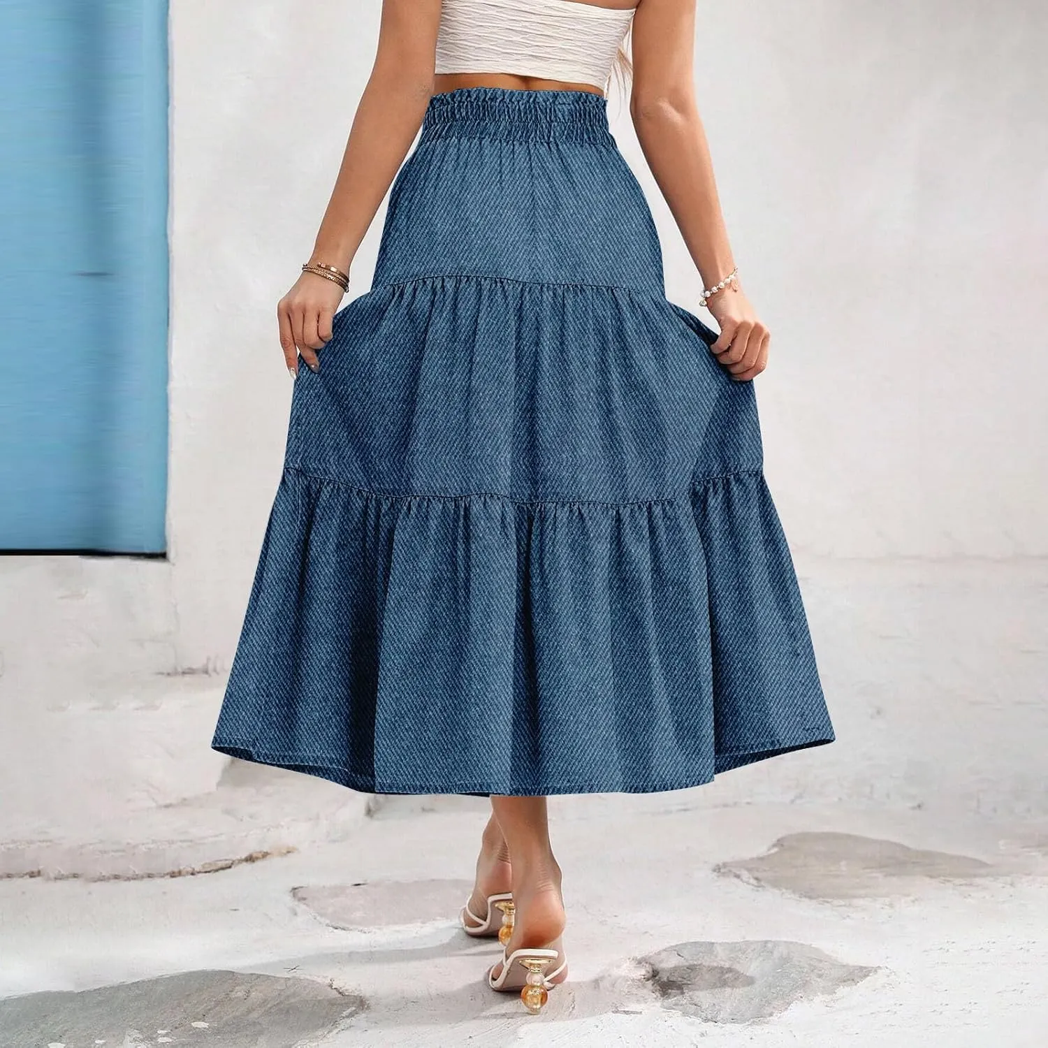 Women's High Waist Long Maxi Skirt Denim Print Flowy Boho A Line Summer Casual Beach Long Skirts
