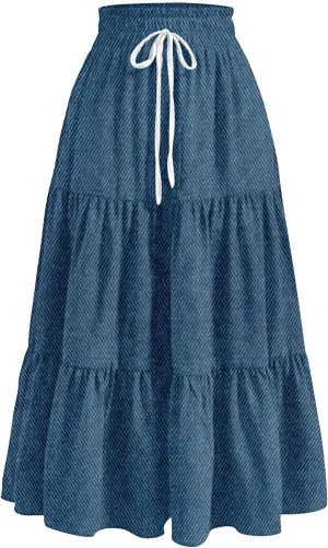 Women's High Waist Long Maxi Skirt Denim Print Flowy Boho A Line Summer Casual Beach Long Skirts