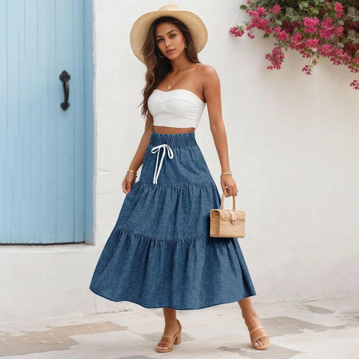 Women's High Waist Long Maxi Skirt Denim Print Flowy Boho A Line Summer Casual Beach Long Skirts