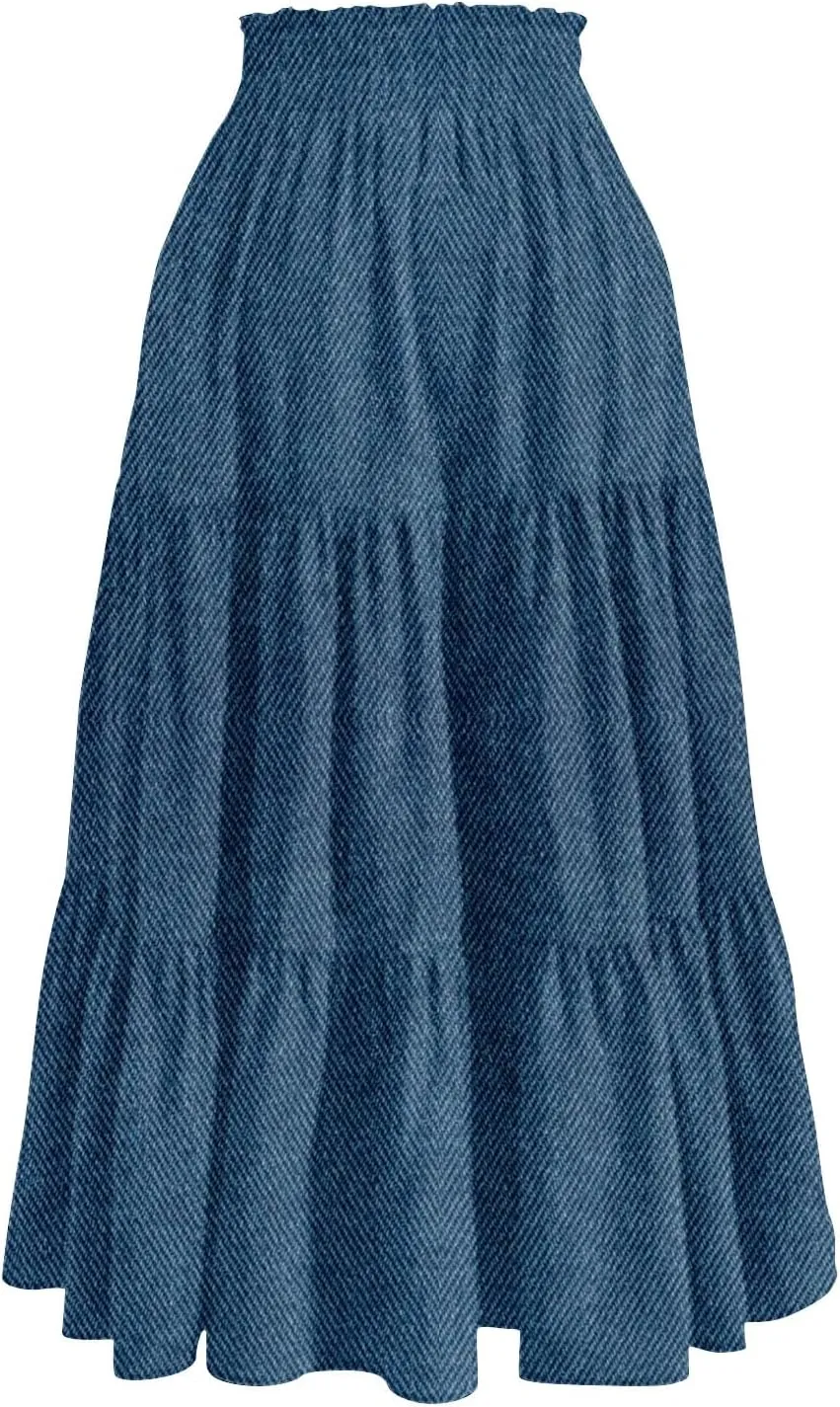 Women's High Waist Long Maxi Skirt Denim Print Flowy Boho A Line Summer Casual Beach Long Skirts